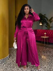 Veslaya Plus Size Elegant Long Sleeve Satin Jumpsuit In Burgundy, For Business/Office Wear - Burgundy - View 1