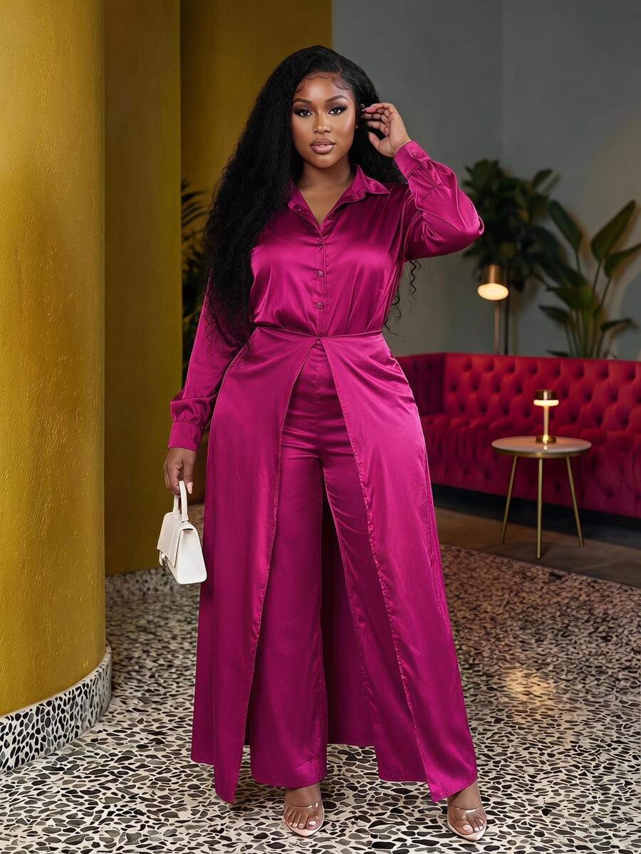 Veslaya Plus Size Elegant Long Sleeve Satin Jumpsuit In Burgundy, For Business/Office Wear - Burgundy - View 1
