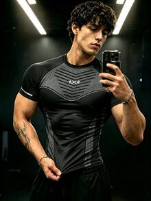 Gym Rark 男士虛線印花對比色圓領短袖運動T恤，健身房適用 - 黑色 - 查看 3