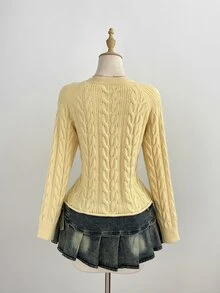 Elamini Women's Yellow Loose Casual Versatile Textured Cable Knit Pullover Sweater For Daily Commute, Autumn/Winter - Yellow - View 2