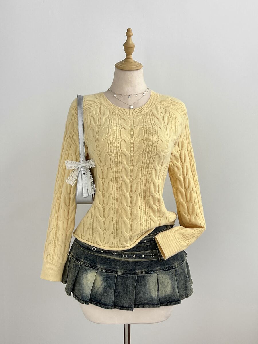 Elamini Women's Yellow Loose Casual Versatile Textured Cable Knit Pullover Sweater For Daily Commute, Autumn/Winter - Yellow - View 1