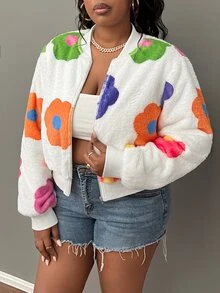 Veslaya Plus Size Women Casual Streetwear Fuzzy Floral Print Jacket - Black - View 6