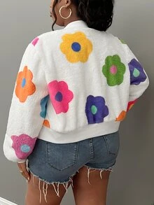 Veslaya Plus Size Women Casual Streetwear Fuzzy Floral Print Jacket - Black - View 2