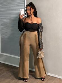 Veslaya Plus Size Ribbed Brown Pants, Autumn/Winter - Brown - View 4