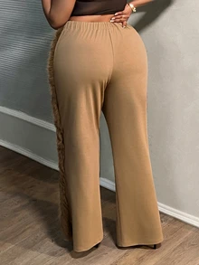 Veslaya Plus Size Ribbed Brown Pants, Autumn/Winter - Brown - View 2