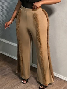 Veslaya Plus Size Ribbed Brown Pants, Autumn/Winter - Brown - View 3