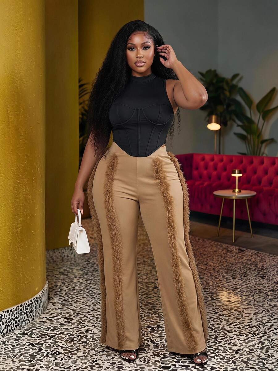 Veslaya Plus Size Ribbed Brown Pants, Autumn/Winter - Brown - View 1