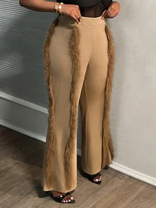 Veslaya Plus Size Ribbed Brown Pants, Autumn/Winter - Brown - View 6