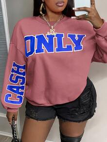 Veslaya 加大码加大码“Only Cash”英文印花纯色橙色长袖套头运动衫，适合女士，街头风格和休闲装，秋冬季 - 粉色 - 查看 6