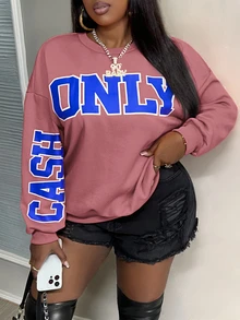 Veslaya 加大码加大码“Only Cash”英文印花纯色橙色长袖套头运动衫，适合女士，街头风格和休闲装，秋冬季 - 粉色 - 查看 3