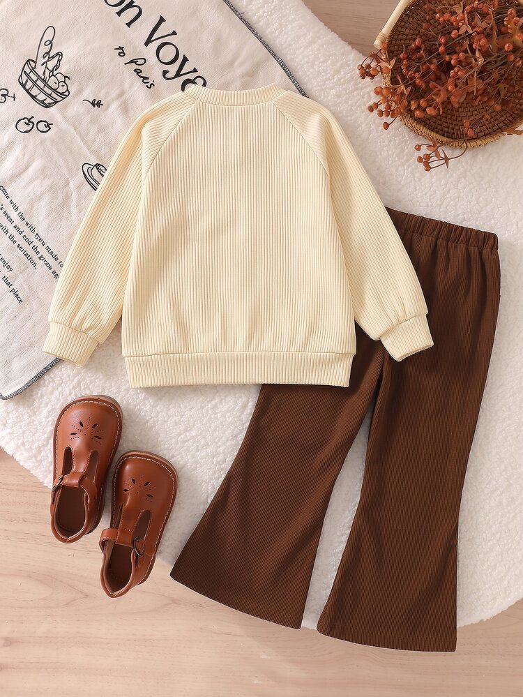 SHEIN Playful Pals 2Pcs Young Girls Cute Bear Patch Ribbed Knit Cardigan & Vintage Corduroy Flare Pants Matching Set, DropShoulder LongSleeve Fall Casual Clothing - Apricot - View 2