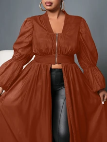 Veslaya 大码优雅泡泡袖收腰 A 字形拉链秋千连衣裙，黑色，秋季 - 棕色 - 查看 6