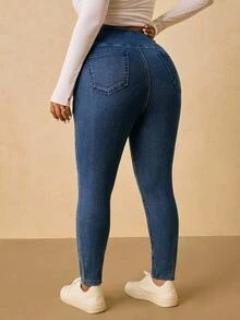 SHEIN Tall CURVE 大尺碼女款不對稱腰頭修身休閒百搭牛仔褲 - 藍色 - 查看 2