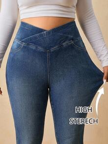 SHEIN Tall CURVE 大尺碼女款不對稱腰頭修身休閒百搭牛仔褲 - 藍色 - 查看 1