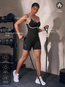 Solea Cove Solea Cove Women's Piped Daily Fitness Tank Top Romper Shorts - Black - View 3