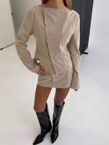 Siren Gaze Women's Fashion Beige Short Asymmetrical Jacket Suitable For Work Or Date (Autumn/Winter) Elegant Button Up Blouse Work Outfits, Winter Jacket - Apricot - View 10