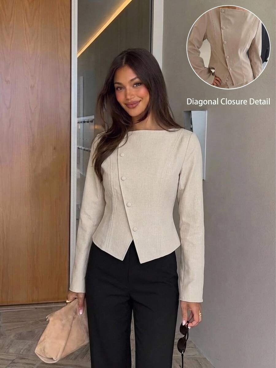 Siren Gaze Women's Fashion Beige Short Asymmetrical Jacket Suitable For Work Or Date (Autumn/Winter) Elegant Button Up Blouse Work Outfits, Winter Jacket