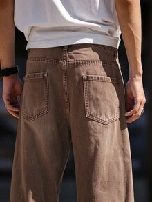 QuarKem Men's Casual Straight Leg Brown Jeans - Coffee Brown - View 5