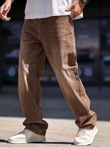QuarKem Men's Casual Straight Leg Brown Jeans - Coffee Brown - View 6