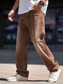 QuarKem Men's Casual Straight Leg Brown Jeans - Coffee Brown - View 3