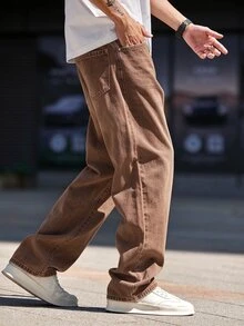 QuarKem Men's Casual Straight Leg Brown Jeans - Coffee Brown - View 7