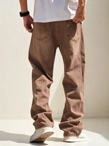 QuarKem Men's Casual Straight Leg Brown Jeans - Coffee Brown - View 8