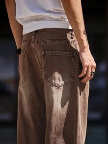 QuarKem Men's Casual Straight Leg Brown Jeans - Coffee Brown - View 4