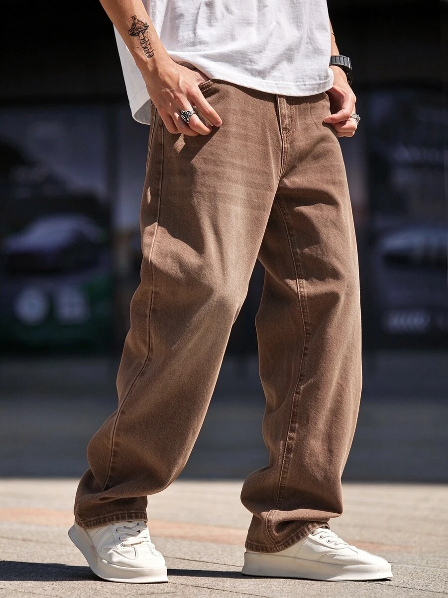 QuarKem Men's Casual Straight Leg Brown Jeans - Coffee Brown - View 1
