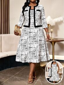 SHEIN Lady Plus Size Women's Colorblock 3/4 Sleeve Open Front Jacket And Dress Elegant Business Casual 2 Pieces Set Wedding Office Formal Evening White Autumn - Black and White - View 1