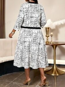 SHEIN Lady Plus Size Women's Colorblock 3/4 Sleeve Open Front Jacket And Dress Elegant Business Casual 2 Pieces Set Wedding Office Formal Evening White Autumn - Black and White - View 2