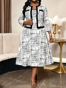 SHEIN Lady Plus Size Women's Colorblock 3/4 Sleeve Open Front Jacket And Dress Elegant Business Casual 2 Pieces Set Wedding Office Formal Evening White Autumn - Black and White - View 4