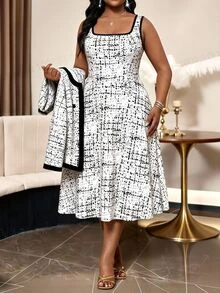 SHEIN Lady Plus Size Women's Colorblock 3/4 Sleeve Open Front Jacket And Dress Elegant Business Casual 2 Pieces Set Wedding Office Formal Evening White Autumn - Black and White - View 3