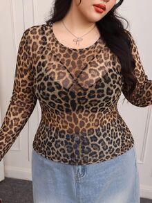 CovetEZ Plus Size Leopard Print Sexy Long Sleeve Mesh Top Fall - Multicolor - View 6