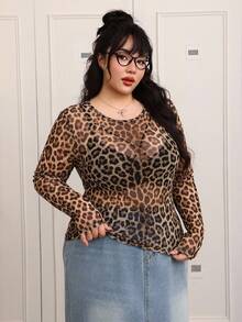CovetEZ Plus Size Leopard Print Sexy Long Sleeve Mesh Top Fall - Multicolor - View 3