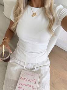 CovetEZ Casual Minimalist Sexy Pure White Cotton Short Sleeve T-Shirt, Suitable For Spring And Summer, Plus Size - White - View 6