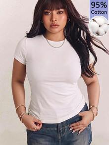 CovetEZ Casual Minimalist Sexy Pure White Cotton Short Sleeve T-Shirt, Suitable For Spring And Summer, Plus Size - White - View 1