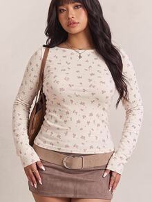 CovetEZ Casual Minimalist Long Sleeve T-Shirt, Apricot Base With Pink Floral Pattern, Suitable For Spring, Summer And Early Autumn, Plus Size Fall - Multicolor - View 4