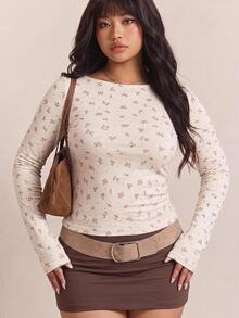 CovetEZ Casual Minimalist Long Sleeve T-Shirt, Apricot Base With Pink Floral Pattern, Suitable For Spring, Summer And Early Autumn, Plus Size Fall - Multicolor - View 3