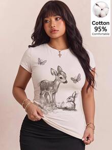 CovetEZ 休閒鹿花紋 T-shirt，修身短袖基礎上衣，大尺碼，夏季都市度假復古 Y2K 風格，軟妹/純欲風 - 白色 - 查看 1