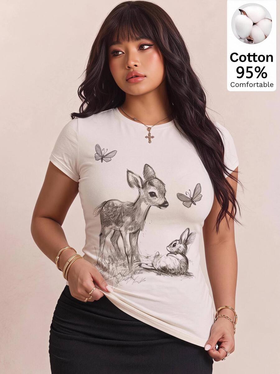CovetEZ 休閒鹿花紋 T-shirt,修身短袖基礎上衣,大尺碼,夏季都市度假復古 Y2K 風格,軟妹/純欲風 - 白色 - 查看 1
