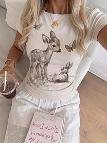 CovetEZ 休閒鹿花紋 T-shirt，修身短袖基礎上衣，大尺碼，夏季都市度假復古 Y2K 風格，軟妹/純欲風 - 白色 - 查看 4