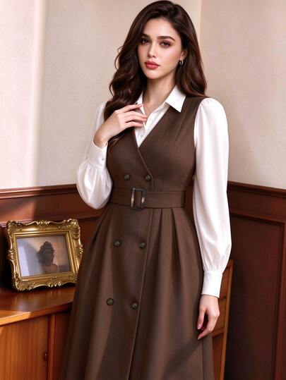 Auvina Plus Size Women's Autumn/Winter Elegant Casual Coffee V-Neck Sleeveless Dress With White Shirt 2 Pieces Set Fall