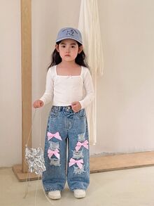 SHEIN 女童粉色蝴蝶結藍色牛仔破洞寬鬆長褲返校牛仔女孩風 - 藍色 - 查看 4