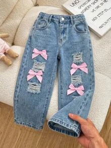 SHEIN 女童粉色蝴蝶結藍色牛仔破洞寬鬆長褲返校牛仔女孩風 - 藍色 - 查看 1