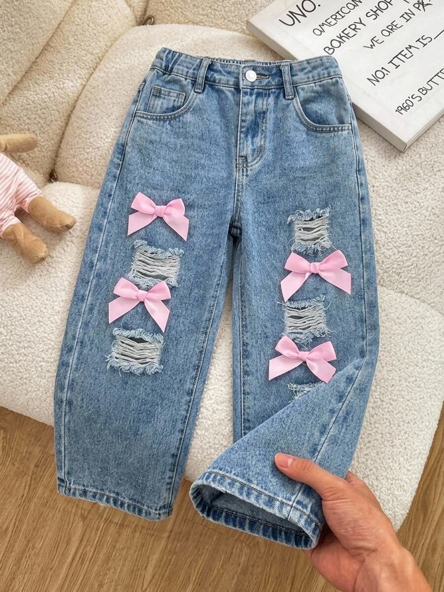SHEIN 女童粉色蝴蝶結藍色牛仔破洞寬鬆長褲返校牛仔女孩風 - 藍色 - 查看 1
