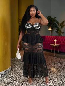 Veslaya Elegant Black Summer Dinner Dress,Plus-Size Women Strapless Waist-Cinching Ruffle Patchwork Sheer Lace Fitted Party Event Evening Date Dress - Black - View 1