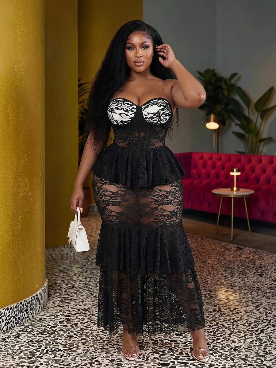 Veslaya Elegant Black Summer Dinner Dress,Plus-Size Women Strapless Waist-Cinching Ruffle Patchwork Sheer Lace Fitted Party Event Evening Date Dress - Black - View 1