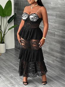 Veslaya Elegant Black Summer Dinner Dress,Plus-Size Women Strapless Waist-Cinching Ruffle Patchwork Sheer Lace Fitted Party Event Evening Date Dress - Black - View 3