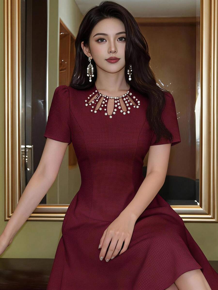 Feyla 優雅酒紅色 A 字領口珍珠裝飾短袖女士雞尾酒晚宴禮服，適合婚禮與夏季