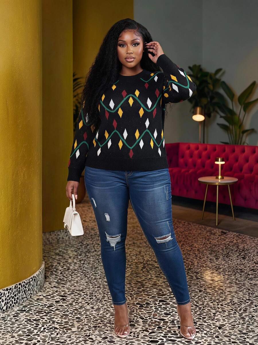 Slaydiva Plus Argyle Pattern Drop Shoulder Jumper - Multicolor - View 1